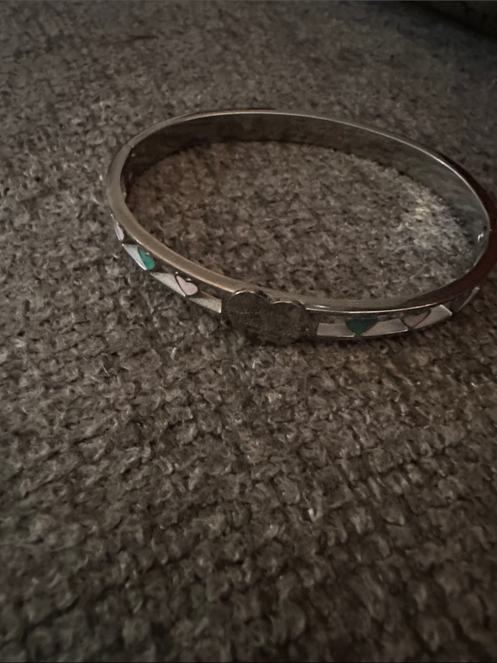 Source Unknown Silver Heart Bangle with Pink and Teal Accents